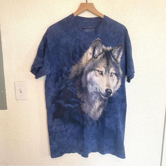The Mountain Adult Large Tie Dye Blue Wolf Graphic Oversized Tee Shirt - Picture 1 of 8